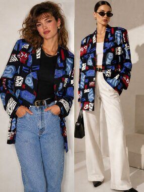 Vintage Willow Ridge Abstract Print Blazer Womens S Blue Red USA Polyester EUC